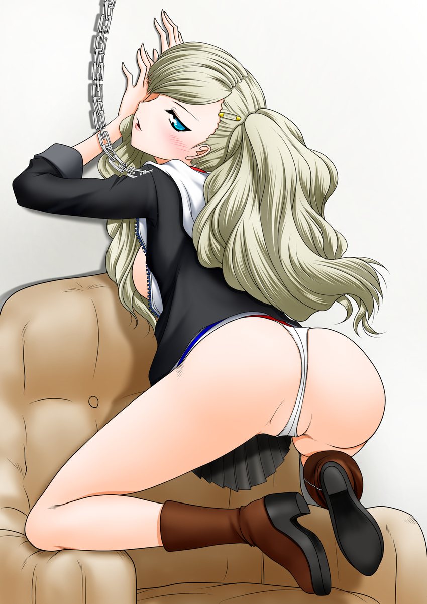 1girl akanako ass blonde_hair blue_eyes blush boots breasts chains chair from_behind hair_ornament hairclip jacket long_hair looking_at_viewer looking_back megami_tensei open_mouth panties partially_visible_vulva persona persona_5 red_legwear shin_megami_tensei sideboob skirt smile solo takamaki_ann twintails upskirt