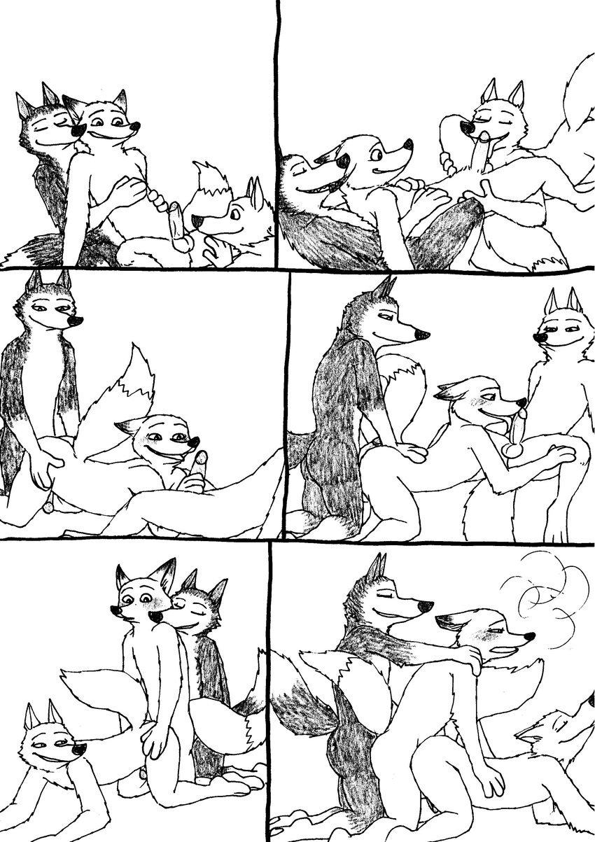 anthro balls bernielover blush canine comic disney erection fangmeyer fox group group_sex male male/male mammal nick_wilde nude oral penetration penis sex simple_background smile threesome tongue wolf wolford zootopia