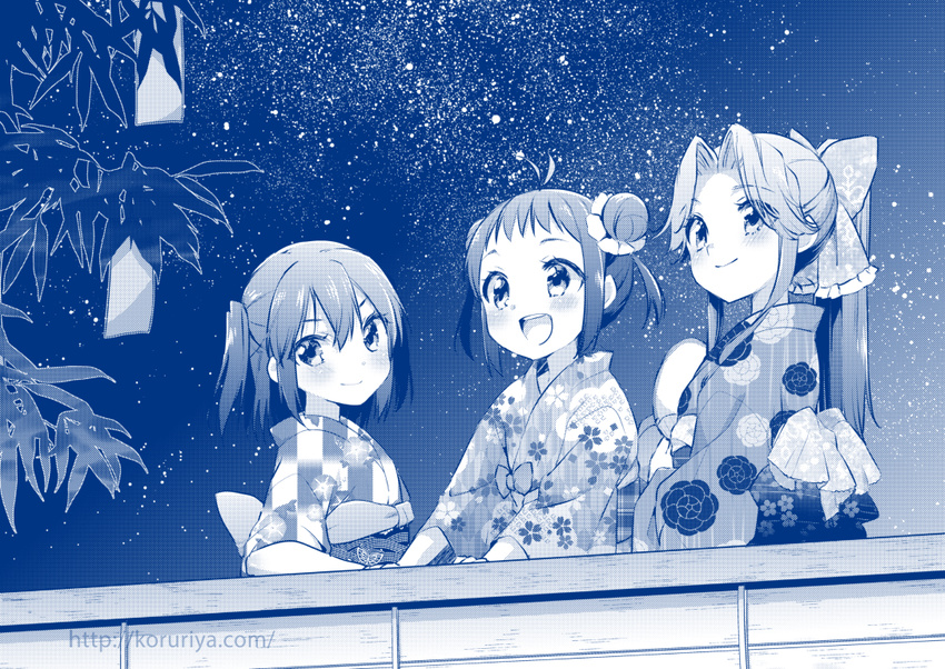 :d antenna_hair bad_id bad_pixiv_id bangs blue blush bow closed_mouth double_bun fan floral_print frilled_bow frills japanese_clothes jintsuu_(kantai_collection) kantai_collection kimono koruri long_sleeves looking_afar looking_at_viewer looking_up monochrome multiple_girls naka_(kantai_collection) night night_sky ofuda open_mouth outdoors paper_fan parted_bangs plant ponytail sash sendai_(kantai_collection) short_hair short_sleeves sky smile star_(sky) starry_sky tanabata tanzaku tareme two_side_up uchiwa upper_body watermark web_address yukata