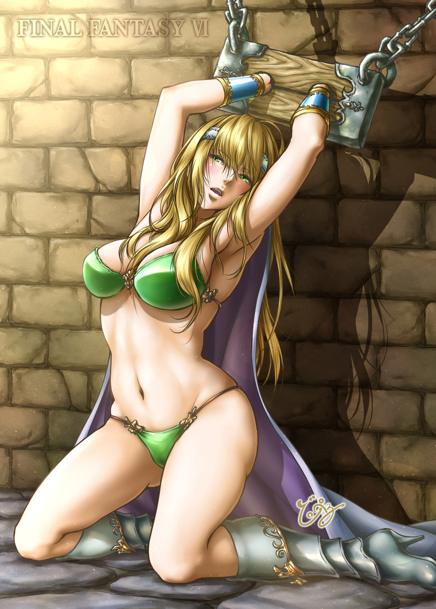 adapted_costume armor armpits arms_up bad_id bad_pixiv_id bdsm bikini_armor blonde_hair boots bracer breasts cape celes_chere chain cleavage copyright_name dungeon final_fantasy final_fantasy_vi green_eyes headband highres knee_boots kneeling large_breasts long_hair navel open_mouth restrained rioreo solo stocks