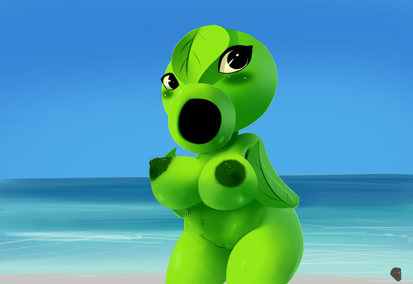 beach big_breasts blush breasts eyelashes female flora_fauna green_shadow mrdoccon nude plant plants_vs_zombies pussy seaside wide_hips