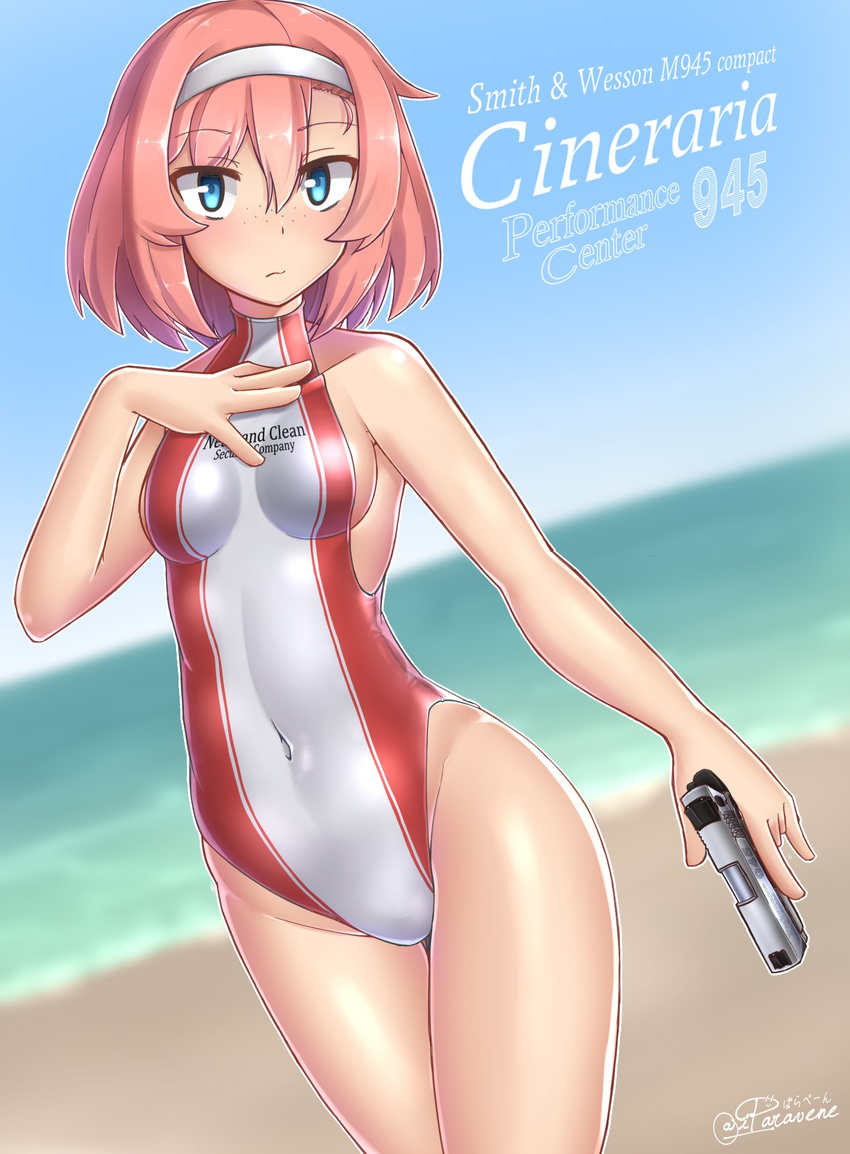 beach blue_eyes character_name cineraria_(paravene) clothes_writing competition_swimsuit day freckles gun handgun highres one-piece_swimsuit original paravene personification pink_hair short_hair smith_&amp;_wesson solo standing swimsuit turtleneck weapon