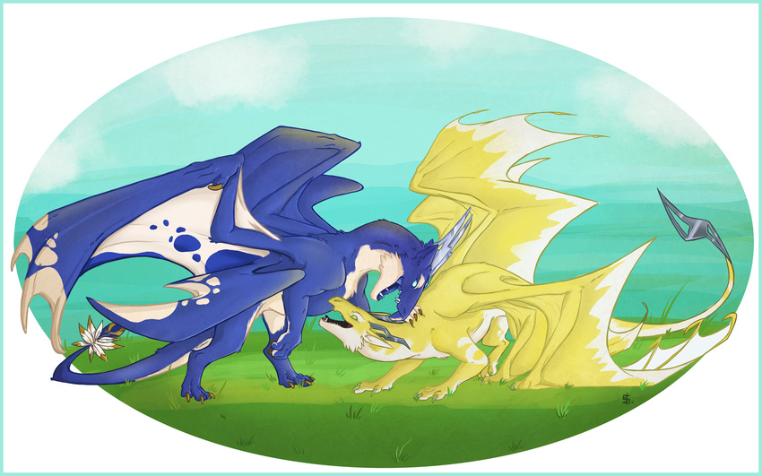 axirpy blue_fur dragon duo feathers feral fluffy fur furred_dragon lothar male peaceful playing selaena simple_background white_fur wings yellow_fur