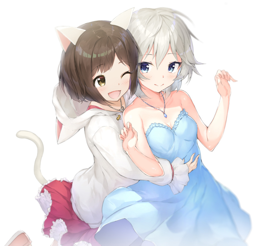 ;d anastasia_(idolmaster) animal_ears animal_hood bangs bare_arms bare_shoulders blue_dress blue_eyes blush brown_eyes brown_footwear brown_hair cat_ears cat_girl cat_hood cat_tail closed_mouth commentary_request dress eyebrows_visible_through_hair hair_between_eyes hands_up highres hood hood_down hoodie idolmaster idolmaster_cinderella_girls long_sleeves maekawa_miku multiple_girls one_eye_closed open_mouth pleated_skirt puffy_long_sleeves puffy_sleeves red_skirt rekareka revision shoes silver_hair skirt smile strapless strapless_dress tail tail_raised white_hoodie