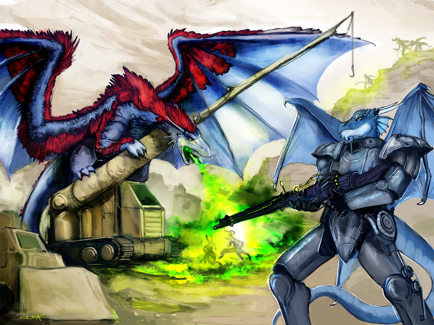 2016 absurd_res anthro armor blue_scales breath_weapon clothed clothing croft curus_keel digital_media_(artwork) dragon duo fallout feathered_dragon feathers featureless_crotch feral fight fully_clothed grin gun hi_res male mallikeet mane membranous_wings nude open_mouth outside powered_armor ranged_weapon realistic rifle scales scalie shaded simple_background sky standing video_games weapon wings