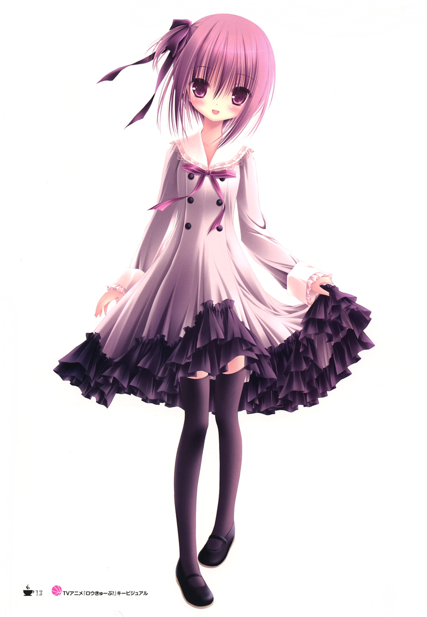 absurdres black_legwear black_ribbon collarbone dress full_body hair_ribbon highres looking_at_viewer minato_tomoka one_side_up open_mouth pink_hair purple_eyes ribbon rou-kyuu-bu! short_hair simple_background skirt_hold solo thighhighs tinker_bell white_background