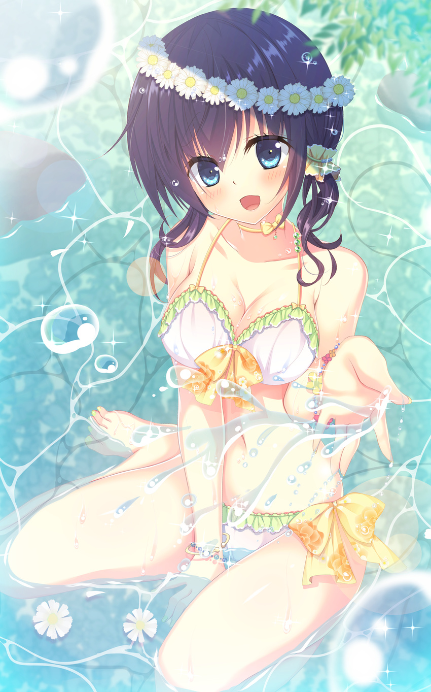 :d barefoot bikini black_hair blue_eyes blush bracelet breasts cleavage collarbone flower flower_wreath frilled_bikini frills head_wreath highres jewelry kinoko5123 large_breasts open_mouth original partially_submerged seiza short_twintails sitting smile solo swimsuit toenail_polish twintails water water_drop wet white_bikini