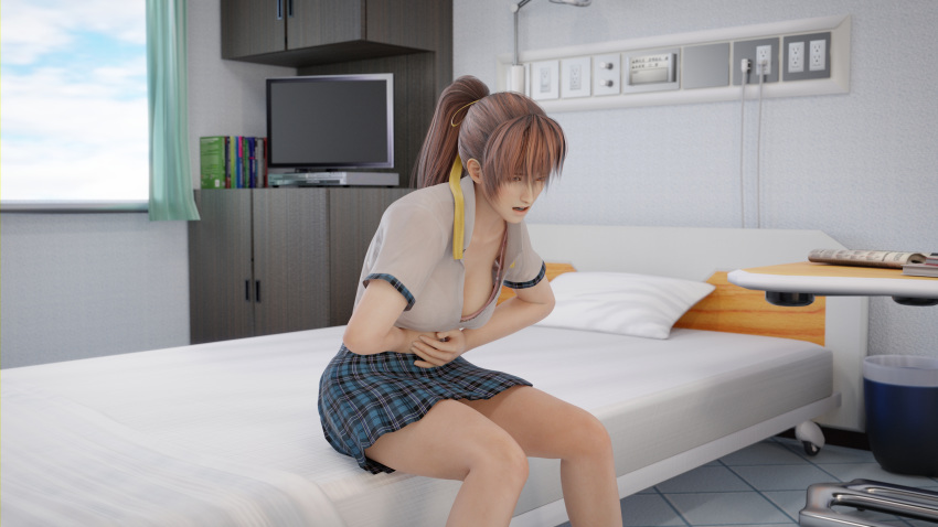 1girl 3d absurdres bed bed_sheet bedroom book bra breasts brown_eyes brown_hair cleavage cloud curtains dead_or_alive downblouse hair_ribbon hands_on_stomach highres indoors kasumi_(doa) large_breasts leaning_forward long_hair matching_hair/eyes midriff navel nodern03 on_bed open_clothes open_shirt parted_lips partially_visible_vulva pillow pink_bra ponytail ribbon sitting skirt sky solo teeth tied_hair underwear window