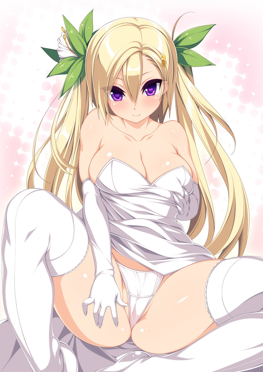 ass blonde_hair breast_hold breasts cameltoe cleavage dress elbow_gloves flower gloves hair_flower hair_ornament hairclip heart heart-shaped_pupils highres kinoshita_ichi large_breasts long_hair looking_at_viewer original panties purple_eyes smile solo spread_legs strapless strapless_dress symbol-shaped_pupils thighhighs twintails underwear white_panties