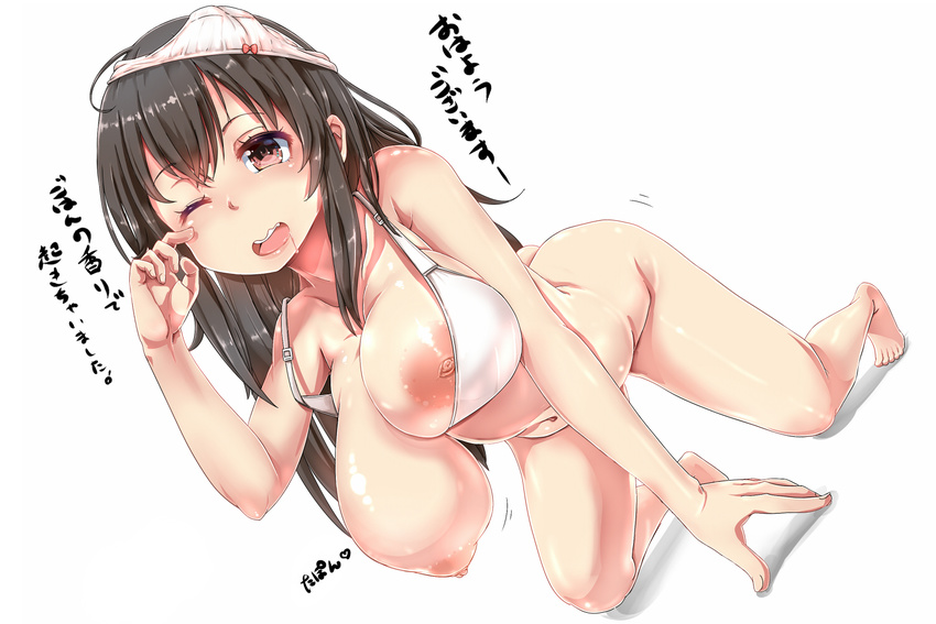 akagi_(kantai_collection) all_fours arched_back areolae bare_shoulders barefoot bra breasts brown_eyes brown_hair drooling full_body hanging_breasts kantai_collection kntrs_(knyrs) large_breasts lips long_hair looking_at_viewer navel nipples object_on_head one_breast_out one_eye_closed open_mouth panties panties_on_head panties_removed partially_translated saliva simple_background solo translation_request underwear underwear_only white_background