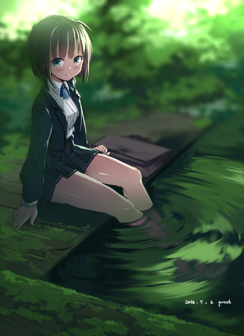 2016 ahoge arms_at_sides artist_name backlighting bare_legs black_jacket black_skirt blazer blue_ribbon blurry blush brown_hair closed_mouth collared_shirt dated depth_of_field garnet green_eyes highres jacket looking_at_viewer moss open_blazer open_clothes open_jacket original outdoors plant pleated_skirt pond ribbon school_briefcase shirt short_hair sketch skirt smile soaking_feet solo thighs white_shirt wing_collar