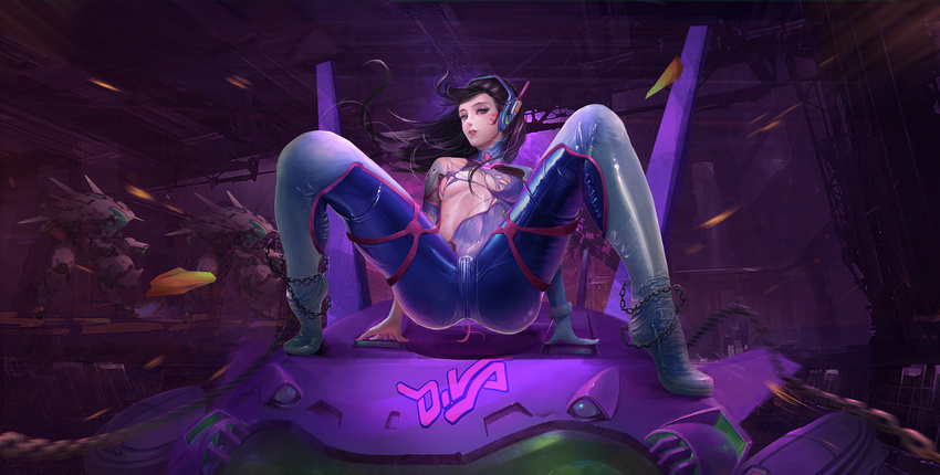 arm_support bangs bodysuit boots bracer breasts brown_eyes brown_hair chain chained d.va_(overwatch) facepaint facial_mark gerocky gloves headphones highres lips long_hair mecha medium_breasts meka_(overwatch) overwatch parted_lips pauldrons pilot_suit ribbed_bodysuit shoulder_pads single_glove skin_tight solo thigh_boots thigh_strap thighhighs torn_bodysuit torn_clothes turtleneck whisker_markings white_footwear white_gloves