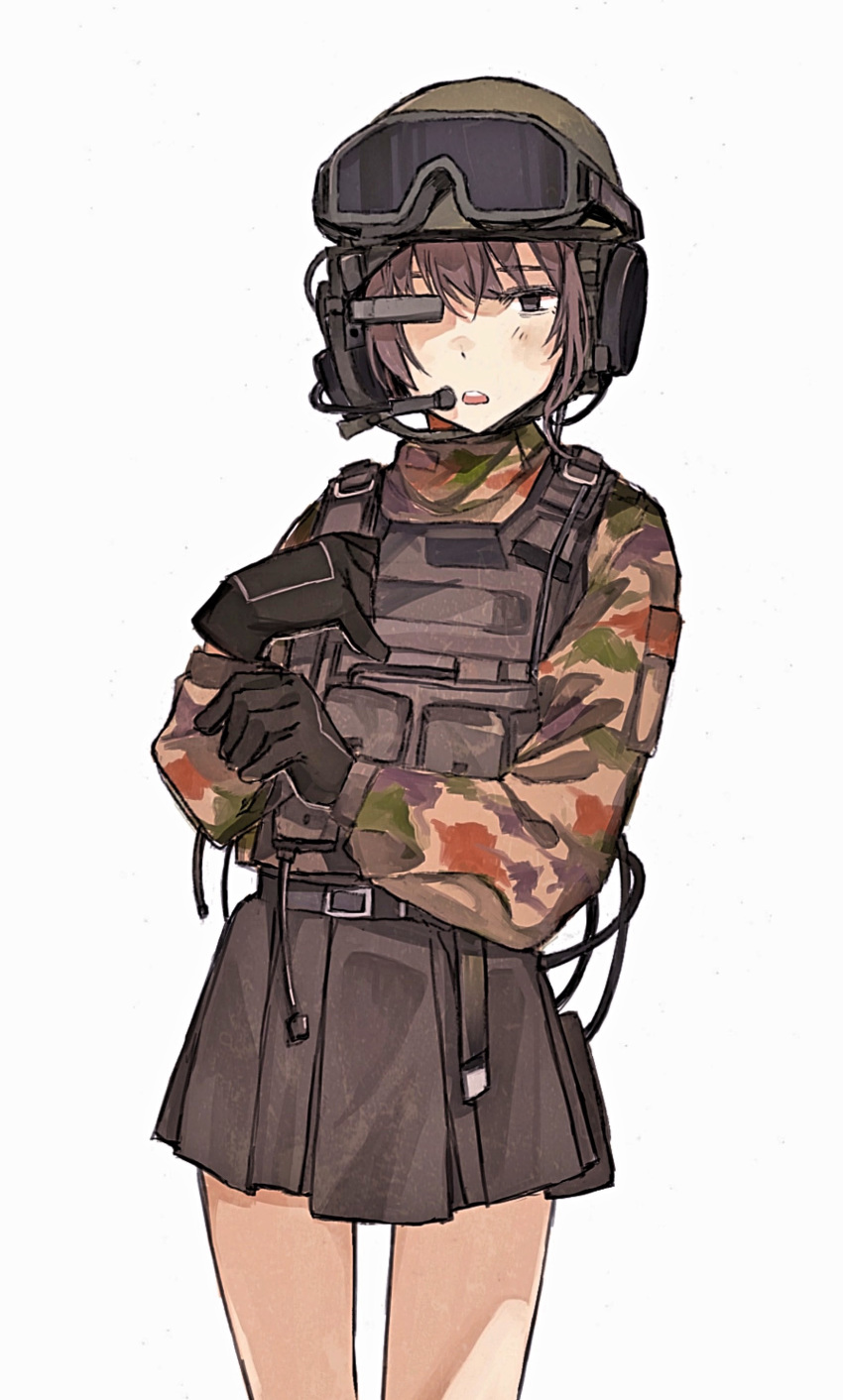 absurdres belt camouflage commentary_request gloves goggles goggles_on_headwear headset helmet highres load_bearing_vest military original partial_commentary pleated_skirt seallllion short_hair skirt solo white_background
