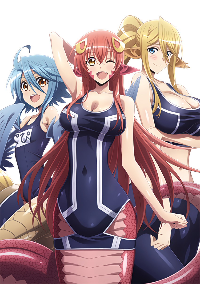 2016 amber_eyes avian big_breasts blonde_hair blue_feathers blue_hair blush breasts brown_eyes centaur centorea_shianus_(monster_musume) cleavage clothed clothing crouching equine equine_taur feathers female hair harpy japanese_text lamia long_hair looking_at_viewer mammal miia_(monster_musume) monster_musume nails navel one_eye_closed open_mouth papi_(monster_musume) pink_hair pink_skin pointy_ears pose short_hair standing swimsuit taur teeth text tongue wings yellow_skin