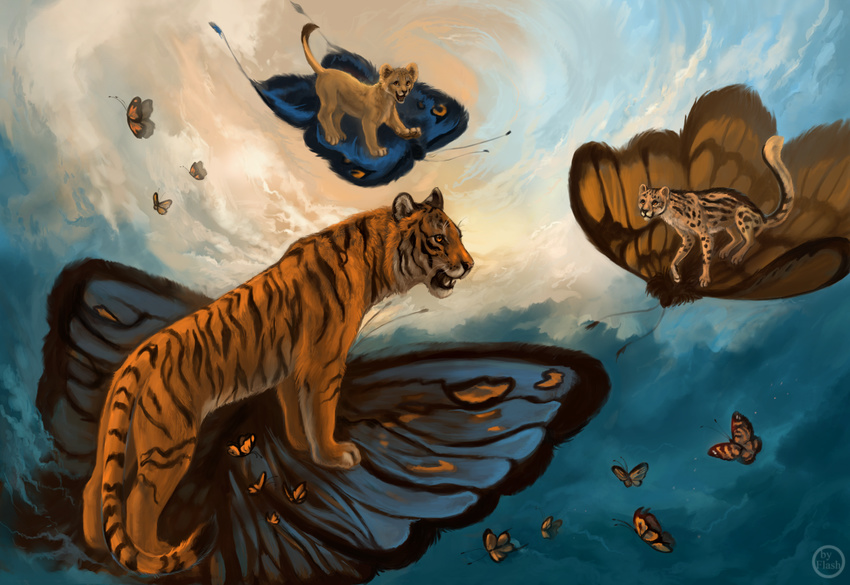 2013 abstract_background amber_eyes ambiguous_gender antennae arthropod butterfly cloud cub digital_media_(artwork) digital_painting_(artwork) feline feral flashw flying fur group insect leopard lion mammal open_mouth orange_fur paws shaded signature sky stripes swarm teeth tiger tongue young