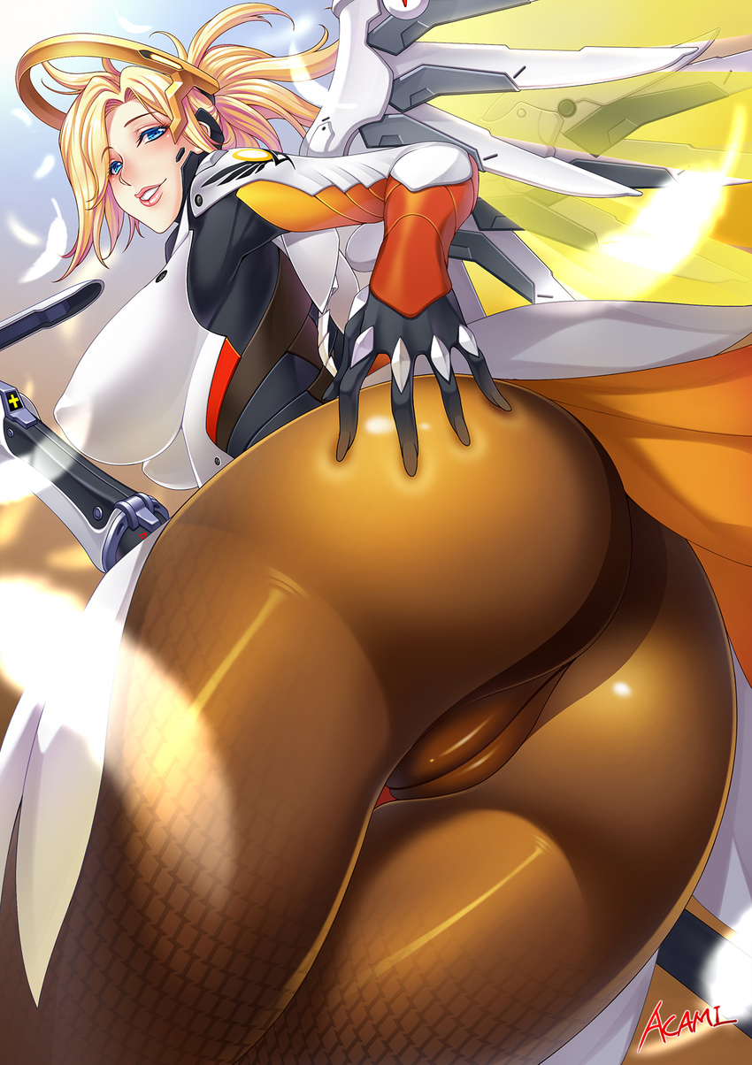 acami artist_name ass ass_focus blonde_hair blue_eyes breasts cameltoe crotch_seam gloves highres large_breasts long_hair looking_at_viewer looking_back looking_down mechanical_halo mechanical_wings mercy_(overwatch) overwatch pantyhose revision signature smile solo thighs wings