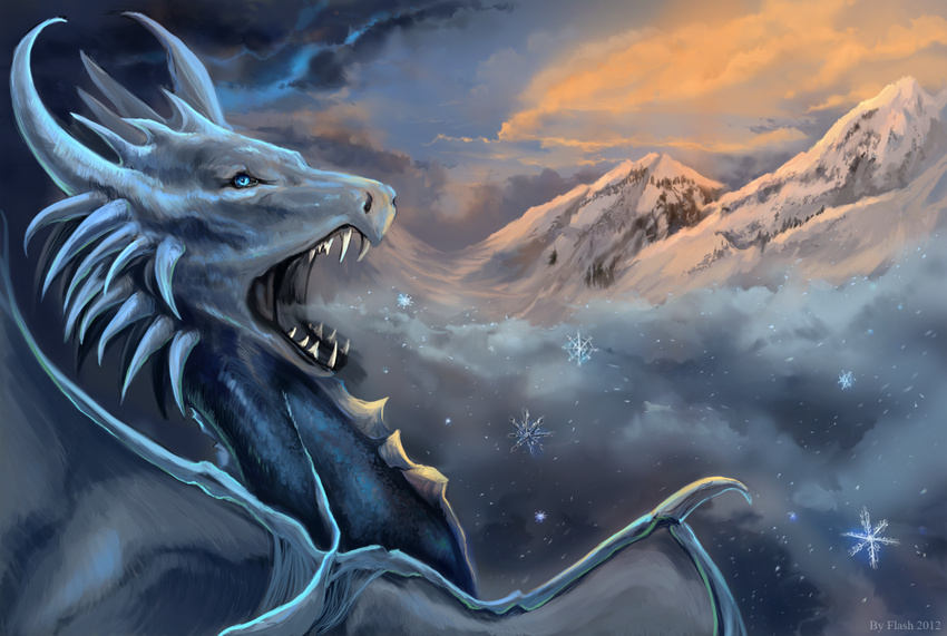 2012 ambiguous_gender blue_eyes breath cloud day detailed_background dragon feral flashw horn mountain open_mouth outside sky snowflake teeth wings