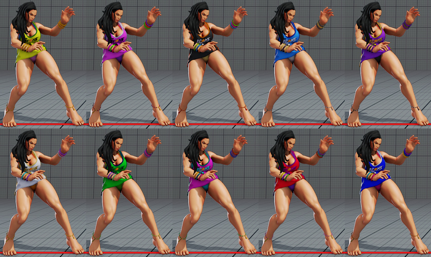 1girl 3d alternate_color alternate_costume barefoot bikini_under_clothes black_hair breasts capcom cleavage fighting_stance jersey laura_matsuda multiple_views street_fighter street_fighter_v