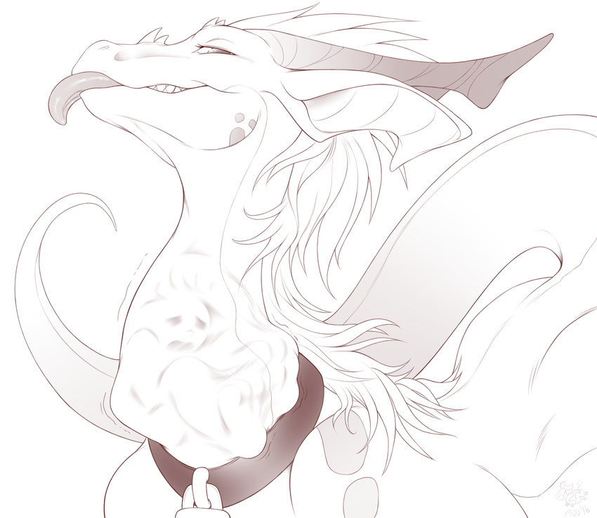 collar cownugget dragon female feral grin horn larger_female long_tail looking_at_viewer looking_back mane neck_bulge oral_vore size_difference solo_focus tongue tongue_out vore