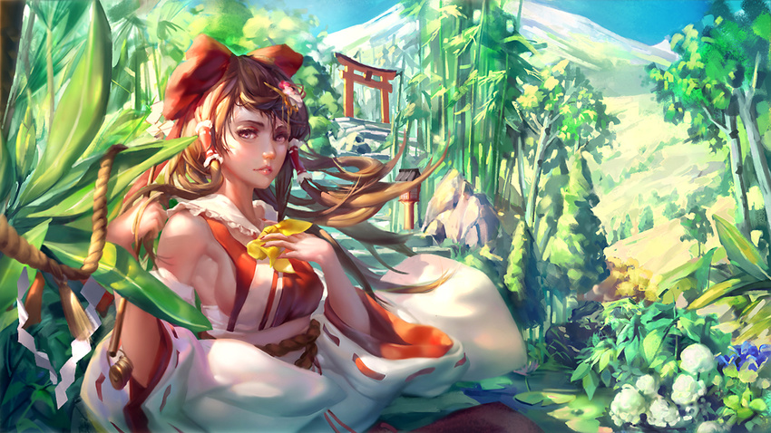 bamboo bangs blue_flower bow breasts brown_hair coin cravat day detached_sleeves floating_hair flower frills gohei hair_bow hair_ornament hair_tubes hakurei_reimu hand_on_own_chest holding japanese_clothes lake leaf lily_pad long_hair looking_at_viewer medium_breasts money mountain nail_polish outdoors parted_lips polskash red_bow red_nails red_ribbon ribbon ribbon-trimmed_sleeves ribbon_trim rock rope sash shade shimenawa sideboob solo stairs swept_bangs tassel torii touhou tree upper_body water white_flower wide_sleeves wind wings yellow_flower