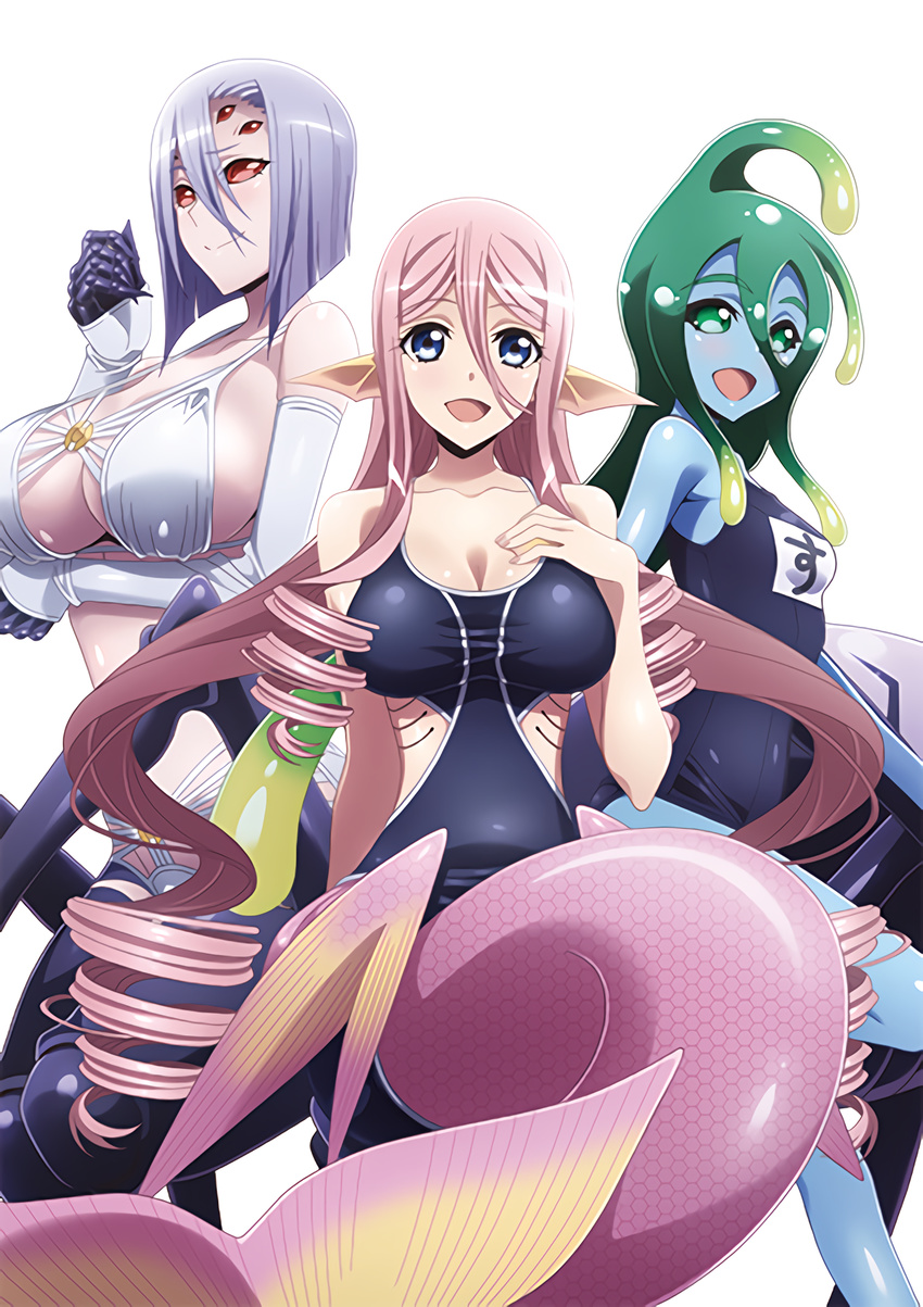 arachne big_breasts black_skin blue_eyes blue_skin blush breasts claws cleavage clothed clothing gills goo green_eyes green_hair grey_hair hair hi_res japanese_text long_hair marine merfolk meroune_lorelei_(monster_musume) monster_musume multi_eye open_mouth pink_hair pink_skin pointy_ears rachnera_arachnera_(monster_musume) red_eyes short_hair side_boob standing suu_(monster_musume) swimsuit tailfin text tongue yellow_skin