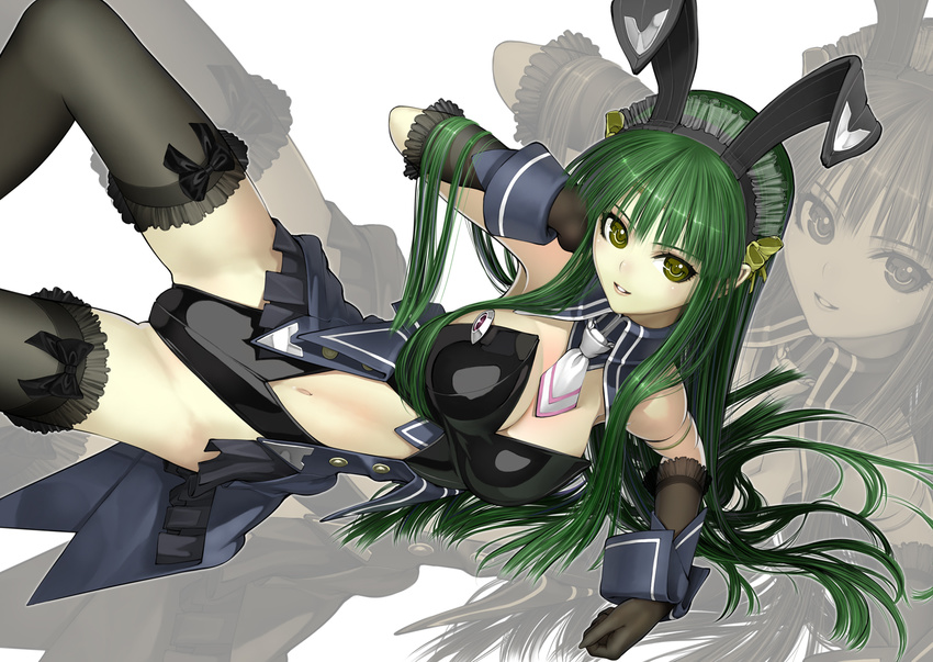 animal_ears arm_support bad_id bad_pixiv_id breasts bunny_ears cleavage gloves green_hair highres large_breasts long_hair lying nakabayashi_reimei navel necktie on_side ouka_nagisa shiny shiny_hair smile solo super_robot_wars super_robot_wars_original_generation thighhighs yellow_eyes zoom_layer