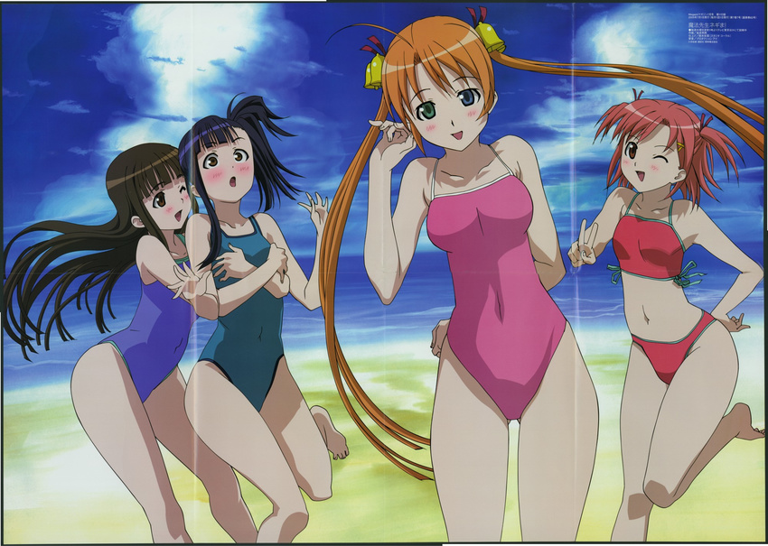 artist_request barefoot beach bikini blush breasts brown_hair day feet heterochromia highres hug hug_from_behind kagurazaka_asuna konoe_konoka mahou_sensei_negima! multiple_girls one_eye_closed outdoors ponytail sakurazaki_setsuna sasaki_makie side_ponytail swimsuit tankini twintails v