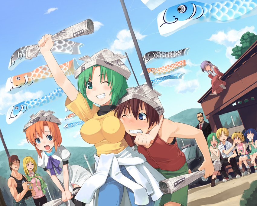 6+girls artist_request beard blonde_hair blue_hair blush breast_squeeze breasts brown_hair camera closed_eyes covered_nipples duplicate everyone facial_hair furude_rika green_hair grin hanyuu hat higurashi_no_naku_koro_ni horns houjou_satoko houjou_satoshi impossible_clothes impossible_shirt kasai_tatsuyoshi kashiwa_mochi_(food) kodomo_no_hi koinobori large_breasts long_hair long_sleeves maebara_keiichi multiple_boys multiple_girls newspaper one_eye_closed open_mouth orange_hair origami panties paper_hat paper_kabuto purple_hair ryuuguu_rena shirt short_hair siblings sisters smile sonozaki_mion sonozaki_shion takano_miyo tank_top thighhighs tomitake_jirou twins underwear wince zongzi