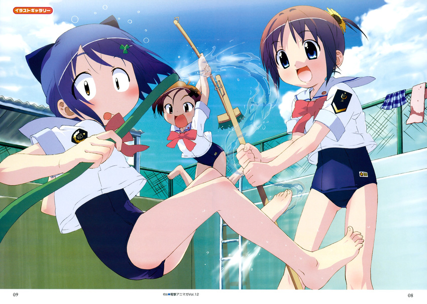 :d amamiya_manami bad_id bad_yandere_id barefoot blush bow broom chain-link_fence cleaning cleaning_brush cloud day empty_pool fence gakuen_utopia_manabi_straight! highres hose inamori_mika jumping multiple_girls official_art open_mouth outdoors pink_bow pleated_skirt pool scan school_swimsuit school_uniform skirt skirt_removed smile swimsuit swimsuit_under_clothes tan towel tripping uehara_mutsuki