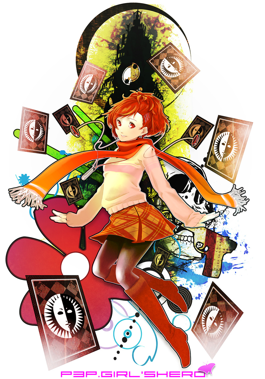 bad_id bad_pixiv_id boots card female_protagonist_(persona_3) floating_card gassun hair_ornament hairclip highres pantyhose persona persona_3 persona_3_portable red_eyes scarf skirt solo sweater