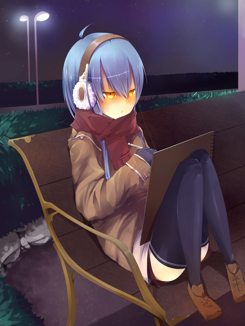 absurdres bad_id bad_pixiv_id bench blue_eyes blue_hair blush drawing earmuffs en@rain gloves highres long_hair oekaki_musume orange_eyes original outdoors scarf sitting sketchbook skirt solo thighhighs yellow_eyes