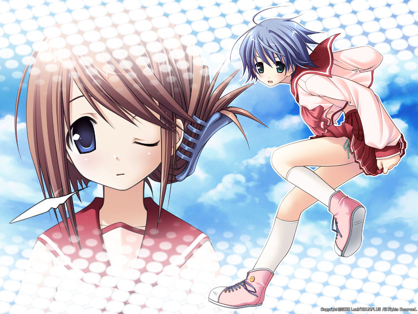 2girls artist_request folded_ponytail komaki_manaka long_sleeves multiple_girls one_eye_closed pleated_skirt school_uniform serafuku shoes skirt sneakers to_heart_2 tonami_yuma wallpaper