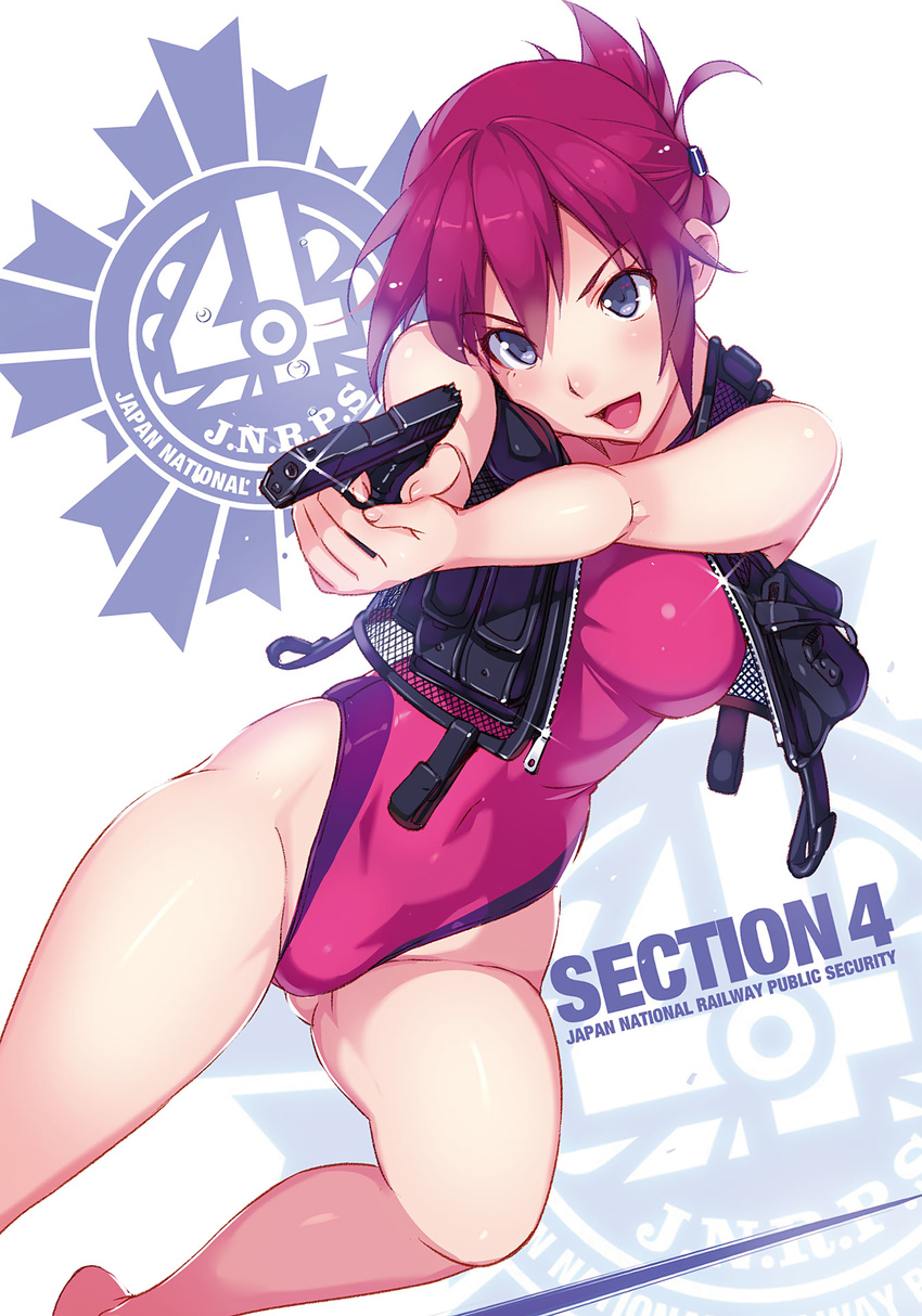 :d aiming arms_up ass_visible_through_thighs bare_legs barefoot blue_eyes breasts competition_swimsuit covered_navel glint gun hair_ornament hair_up handgun highres large_breasts leg_up one-piece_swimsuit open_mouth pink_hair pink_swimsuit pistol rail_wars! sakurai_aoi scan short_hair smile solo swimsuit thighs vania600 vest weapon zipper