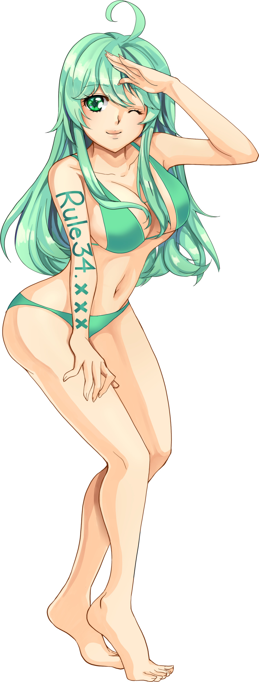 ahoge beige_skin bikini breasts cleavage closed_mouth clothing color eyes female female_only green_eyes green_hair hair long_hair lucidsky mascot mouth pose posing rule34.xxx rule_34 skin smile solo swimsuit transparent_background wink