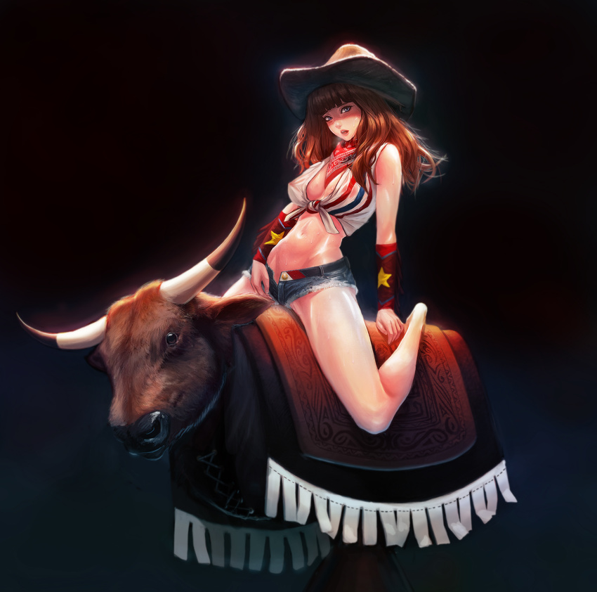 absurdres animal_head arm_support arm_warmers bandana barefoot blue_eyes blush breasts breath brown_hair bull covered_nipples cowboy_hat denim denim_shorts front-tie_top full_body groin groin_tendon hat heavy_breathing highres horns jungon_kim leaning_back long_hair looking_at_viewer mechanical_bull medium_breasts midriff navel open_fly open_mouth parted_lips sexually_suggestive shiny shiny_hair shiny_skin shirt short_shorts shorts sitting solo star star_print steam striped striped_shirt sweat tassel unbuttoned western