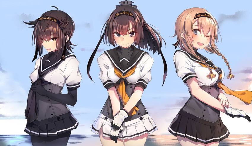 ;d akizuki_(kantai_collection) black_bodysuit black_eyes black_gloves black_hair blue_eyes blush bodysuit braid brown_eyes cowboy_shot fang glove_pull gloves hair_between_eyes hairband hatsuzuki_(kantai_collection) headband highres kantai_collection multiple_girls one_eye_closed open_mouth outdoors pantyhose pleated_skirt ponytail putting_on_gloves school_uniform serafuku single_glove skirt smile soukou_makura teruzuki_(kantai_collection) twin_braids underbust white_gloves