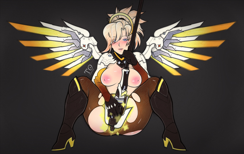antiheld areolae black_gloves blonde_hair blue_eyes blush boots breasts breasts_outside brown_legwear clothed_masturbation crotch_rub full_body gloves high_ponytail knee_boots large_areolae long_hair masturbation mechanical_halo mechanical_wings mercy_(overwatch) nipples overwatch pantyhose sitting solo spread_legs staff torn_clothes torn_legwear wings