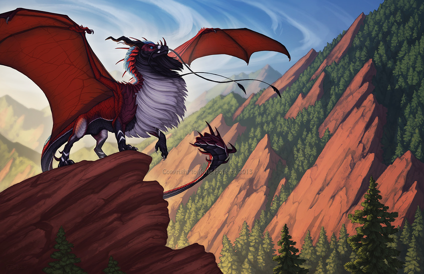 2013 amazing_background black_scales blue_eyes blue_sky claws cloud day detailed_background digital_media_(artwork) dragon feral forest fur hi_res horn landscape long_tail male membranous_wings mountain multicolored_scales outside quadruped red_scales rock scales sky solo tree watermark whiskers white_fur white_scales wings wolf-nymph