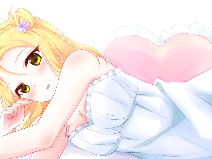 1girl blonde_hair blush cleavage dress exposed_shoulders female gold_eyes green_eyes long_hair love_live!_sunshine!! ohara_mari open_mouth pillow pipette_(artist) sleeveless sleeveless_dress solo white_dress white_outfit