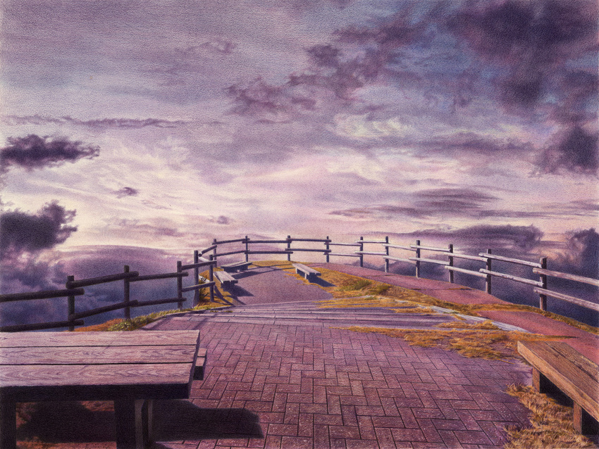 cliff cloud cloudy_sky colored_pencil_(medium) commentary_request fence grass hagane_yama no_humans original outdoors pavement scenery sett shadow sky stairs sunset traditional_media wooden_fence