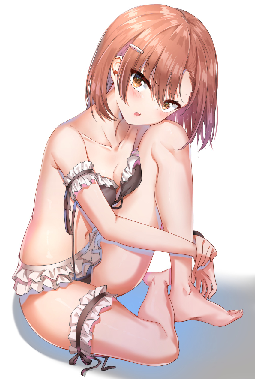 absurdres armband bangs bare_shoulders barefoot bikini bikini_skirt blush breasts cleavage eyebrows_visible_through_hair frilled_bikini frills hair_between_eyes hair_ornament hairclip head_rest highres knees_up leg_hug looking_at_viewer misaka_mikoto open_mouth orange_eyes orange_hair revision short_hair simple_background sitting small_breasts solo sunhyun swimsuit thigh_strap to_aru_kagaku_no_railgun to_aru_majutsu_no_index undone white_background