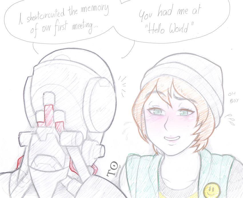 antiheld beanie blonde_hair blush commentary couple extra green_eyes hat omnic overwatch robot short_hair smiley_face solo