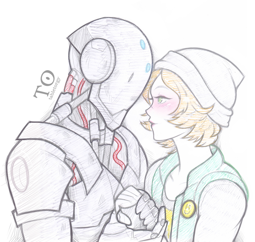 1girl antiheld beanie blonde_hair blush couple green_eyes hat highres holding_hands looking_at_another npc omnic overwatch robot short_hair smiley_face