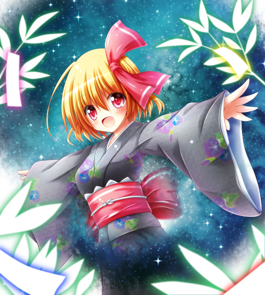 alternate_costume blonde_hair hair_ribbon highres japanese_clothes kimono osashin_(osada) outstretched_hand red_eyes ribbon rumia solo tanabata touhou wide_sleeves yukata