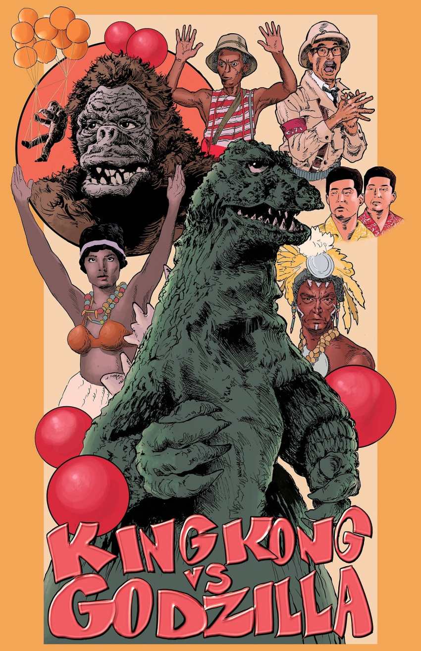 1girl 5boys ape balloon berry_juice bill_couture breasts chikiro's_mother crossover dark_skin dinosaur drunk faro_island_chief farou_island_native forest fujita_kazuo fur furue_kinsaburo giant_monster giant_octopus_(godzilla) godzilla godzilla_(series) gorilla kaijuu king_kong king_kong_(series) monster mr._tako multiple_boys nature octopus oodako sakurai_osamu tail tentacle text_focus toho_(film_company) trees wires