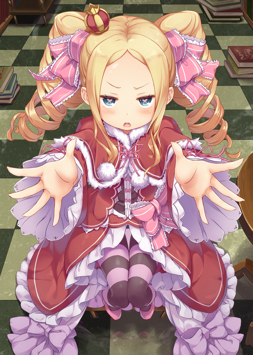 :o beatrice_(re:zero) blonde_hair blush book bow capelet checkered checkered_floor crown dress drill_hair frilled_dress frilled_sleeves frills from_above full_body fur_trim hair_ribbon highres incoming_hug indoors knees_together_feet_apart long_hair long_sleeves looking_at_viewer mafuyun mini_crown open_mouth outstretched_arms pantyhose pom_pom_(clothes) re:zero_kara_hajimeru_isekai_seikatsu reflection ribbon shoes sidelocks solo striped striped_legwear symbol-shaped_pupils table teeth twin_drills twintails v-shaped_eyebrows