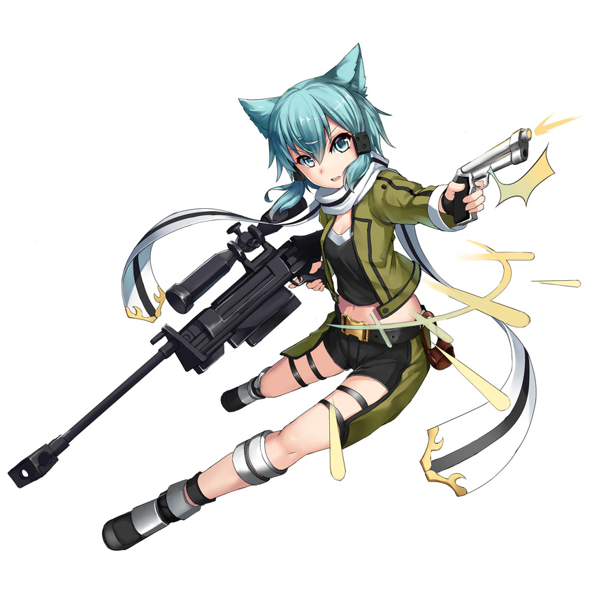 1girl 463_jun animal_ears anti-materiel_rifle aqua_eyes aqua_hair bag bangs belt belt_buckle belt_pouch black_gloves black_shorts boots breasts buckle cat_ears crop_top eyebrows eyebrows_visible_through_hair eyelashes finger_on_trigger fingerless_gloves firing full_body gloves green_jacket gun hair_between_eyes hair_ornament hairclip handgun highres holding holding_gun holding_weapon jacket kemonomimi_mode legs_apart looking_at_viewer midriff muzzle_flash navel open_clothes open_jacket outstretched_arm parted_lips pgm_hecate_ii pouch rifle scarf short_hair short_shorts shorts sidelocks simple_background sinon small_breasts sniper_rifle solo stomach sword_art_online thigh_strap trigger_discipline weapon white_background