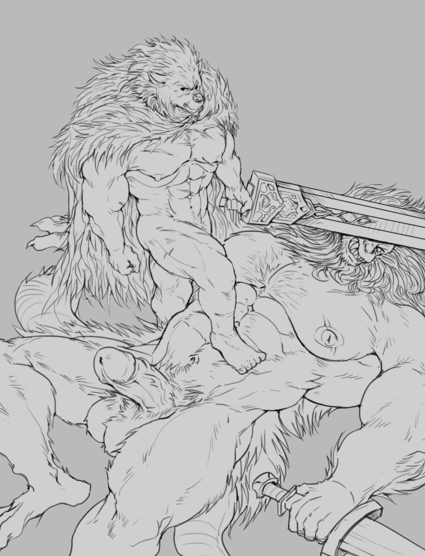 absurd_res anthro blaidd_(elden_ring) canid canine canis cape clothing defeated duo elden_ring eruprior felid fromsoftware fur hi_res leonine_misbegotten_(elden_ring) lion male male/male mammal muscular muscular_anthro pantherine pecs sketch video_games wolf