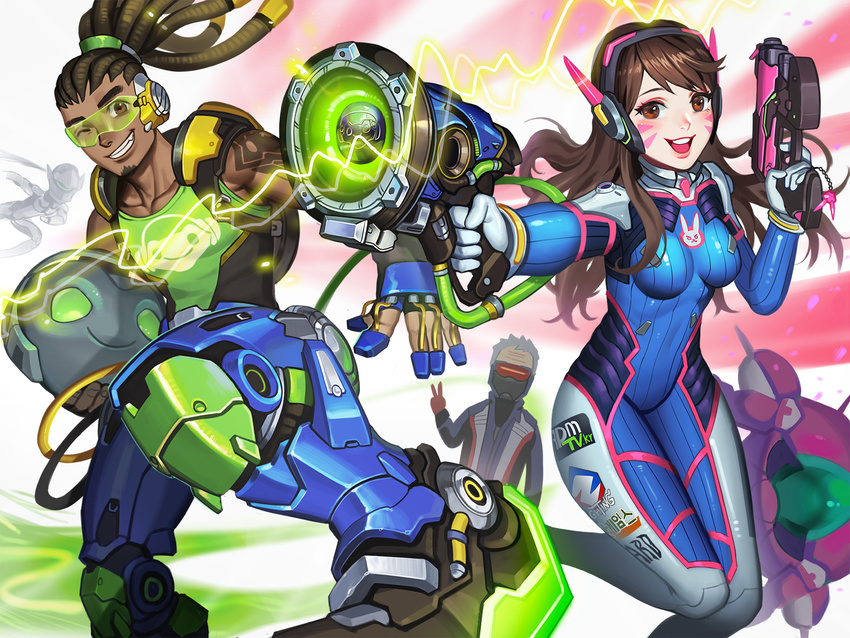 3boys animal_print armor armored_boots bangs beard blush bodysuit boots bracer breasts brown_eyes brown_hair bunny_print covered_mouth covered_navel cyborg d.va_(overwatch) dark_skin emblem face_mask facepaint facial_hair facial_mark fang finger_on_trigger fingerless_gloves frog_print genji_(overwatch) gloves goatee greaves gun hair_ornament hair_tie hairlocs headband headphones headwear_removed helmet helmet_removed high_collar high_ponytail holding holding_gun holding_sword holding_weapon hose jacket knee_boots leg_up lips lipstick logo long_hair long_sleeves looking_at_viewer lucio_(overwatch) makeup mask mecha medium_breasts meka_(overwatch) multiple_boys one_eye_closed open_mouth overwatch parted_bangs pauldrons pilot_suit pink_lips pink_lipstick ponytail power_armor red_gloves ribbed_bodysuit shoulder_pads skin_tight smile soldier:_76_(overwatch) speaker swept_bangs sword tank_top tattoo teeth teiten-bakuha thigh_boots thigh_strap thighhighs turtleneck v veil visor weapon whisker_markings white_footwear white_gloves