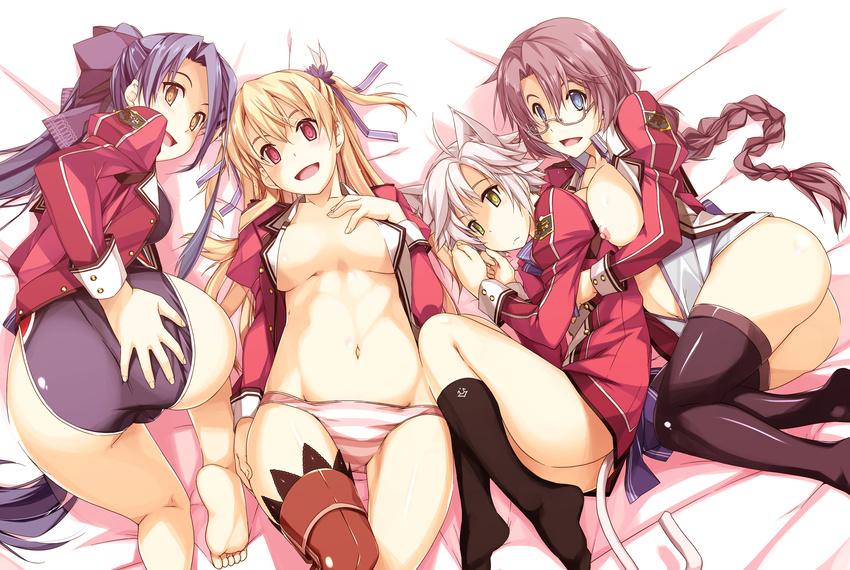 alisa_reinford animal_ears ass breasts eiyuu_densetsu emma_millstein fie_claussell laura_s_arseid megane open_shirt pantsu seifuku shikei swimsuits tail thighhighs